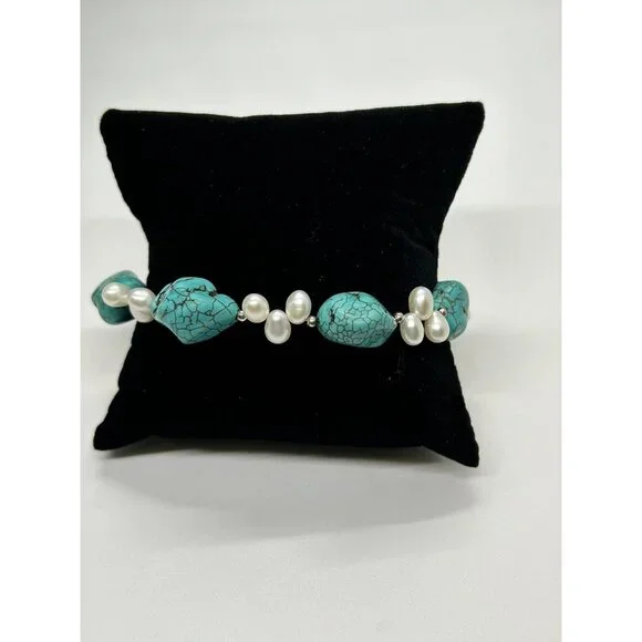 Fresh Water Pearl & Turquoise Colored Gemstone Necklace Bracelet Earring Set - Picture 3 of 6